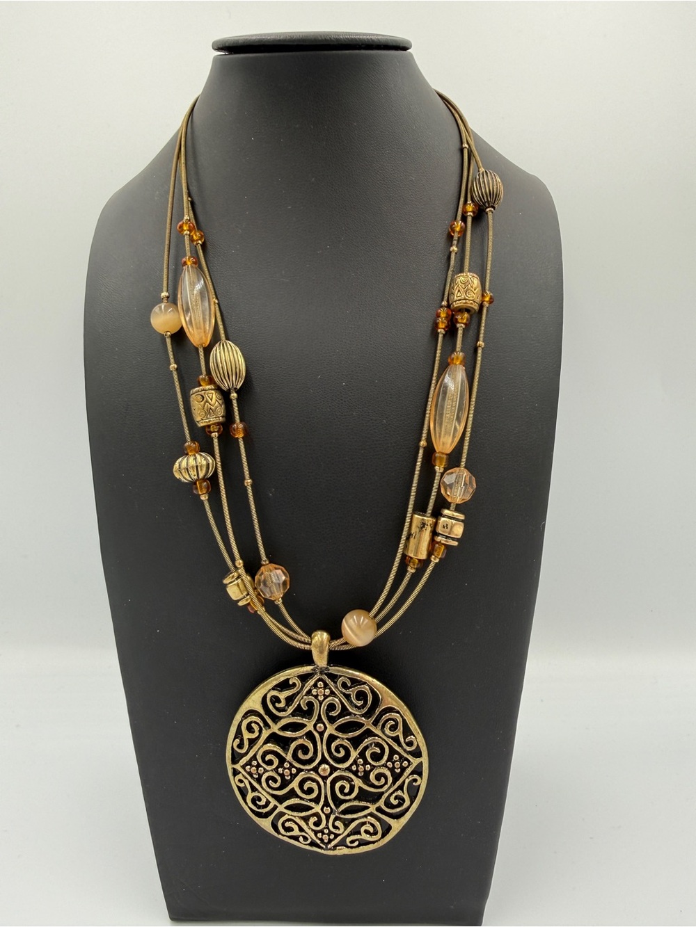 Antique Gold Tone Filigree Medallion Amber Bead Multi Strand Necklace